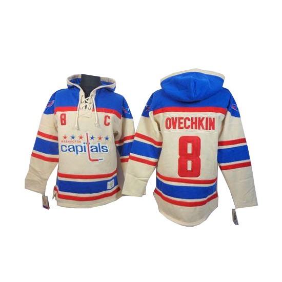 Washington Capitals ＃8 Men's Alex Ovechkin Old Time Hockey Premier Cream Sawyer Hooded Sweatshirt Jersey